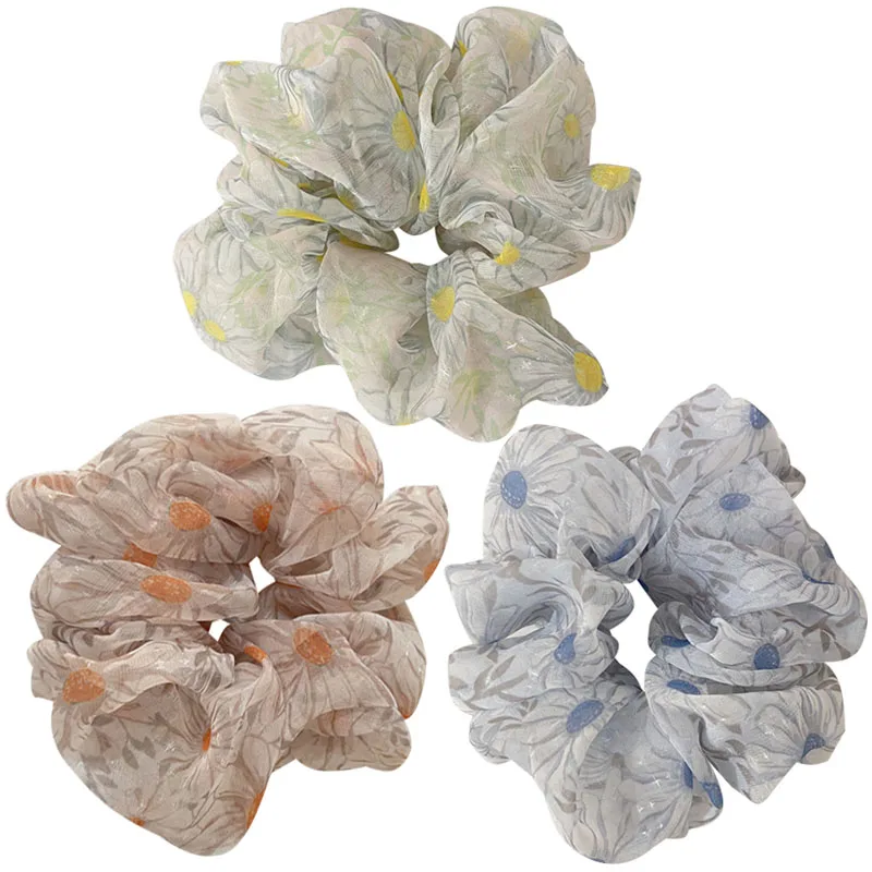 

Transparent Tulle Printing Daisy Flowers Mesh Scrunchies Women Romantic Hair Rope Hair Tie Hair Accessories