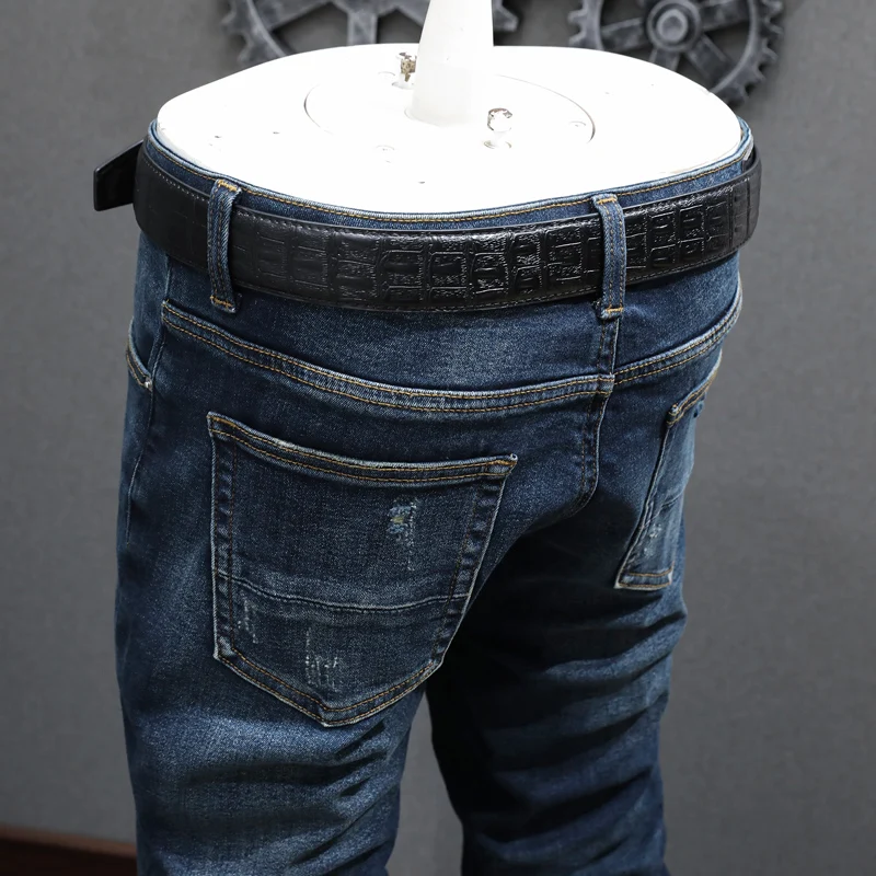 High Street Fashion Men Jeans Retro Dark Blue Elastic Stretch Skinny Fit Ripped Jeans Men Brand Designer Hip Hop Pants Hombre