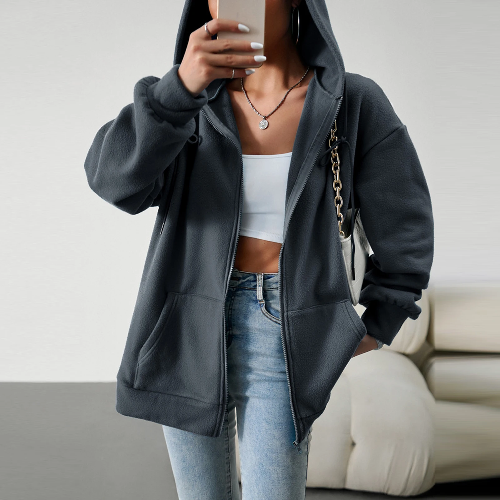 

Women Drawstring Hoodies Streetwear Casual Solid Color Cardigan Sweatshirt Loose Fit Minimalist with Pockets Outdoor Wear