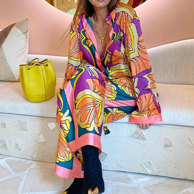 Новый осенний модный тренд рубашка с длинными рукавами и принтом комплект прямых