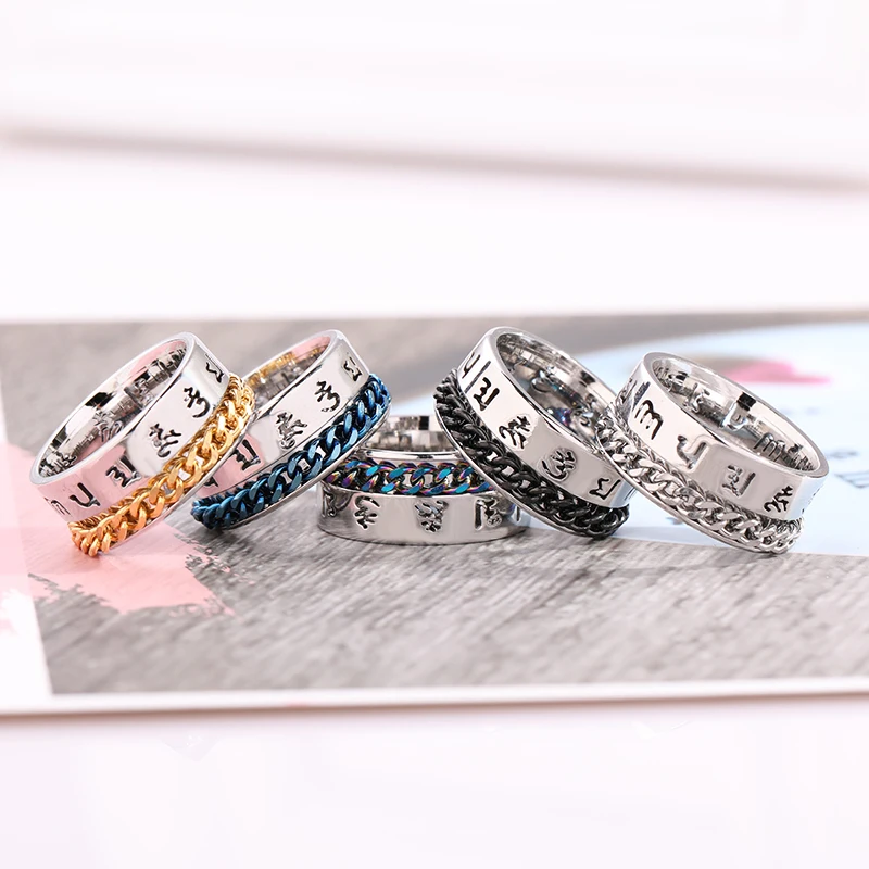 

Titanium Jewelry Cutting Daming Mantra Rotatable Men's Punk Stainless Steel Chain Ring For Wedding
