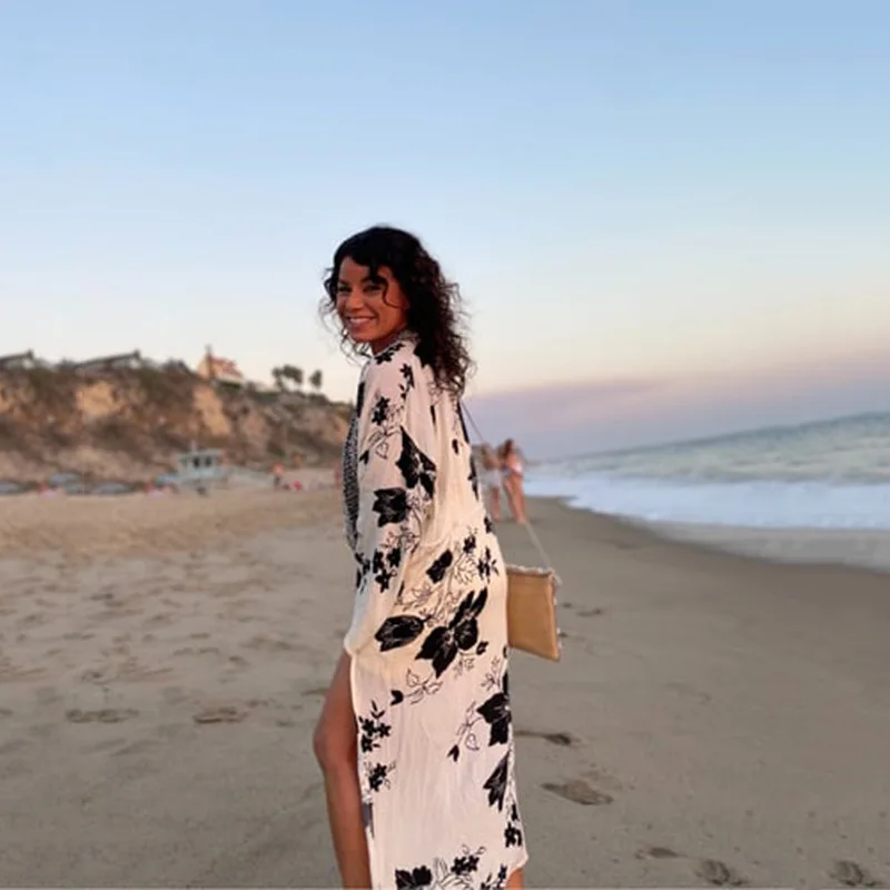 Винтажная черная накидка на бикини с принтом элегантное кимоно Пляжное платье