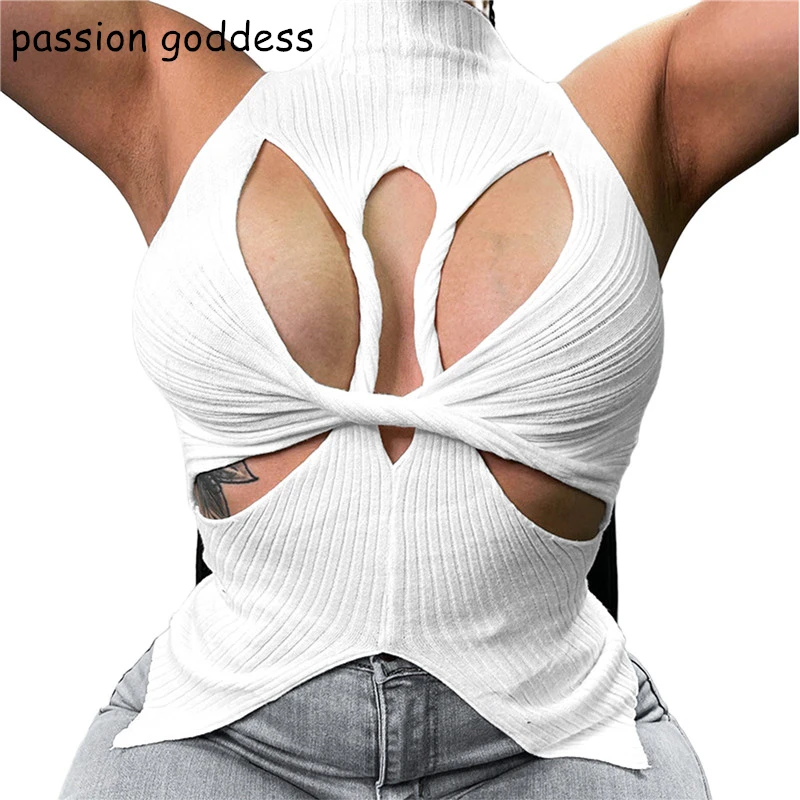 

2022 Summer Sexy Solid Skinny Tank Tops Women High Neck Sleeveless Knitted Hollow Out Irregular Tops Y2k Black White Bustier Top