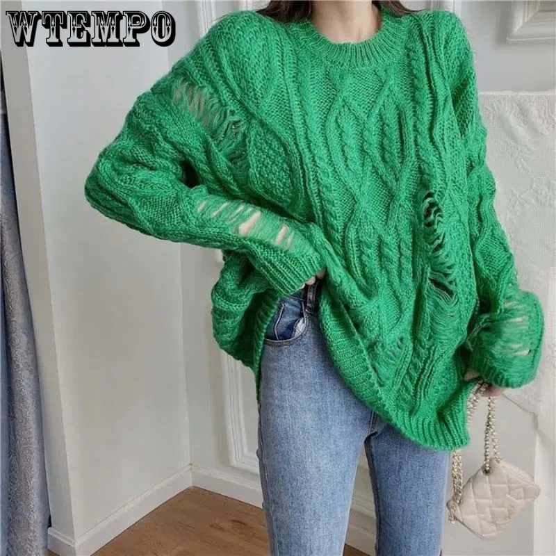 

Женский рваный пуловер в стиле панк, Свободный вязаный пуловер средней длины с вырезами, пуловер в Корейском стиле, Y2k