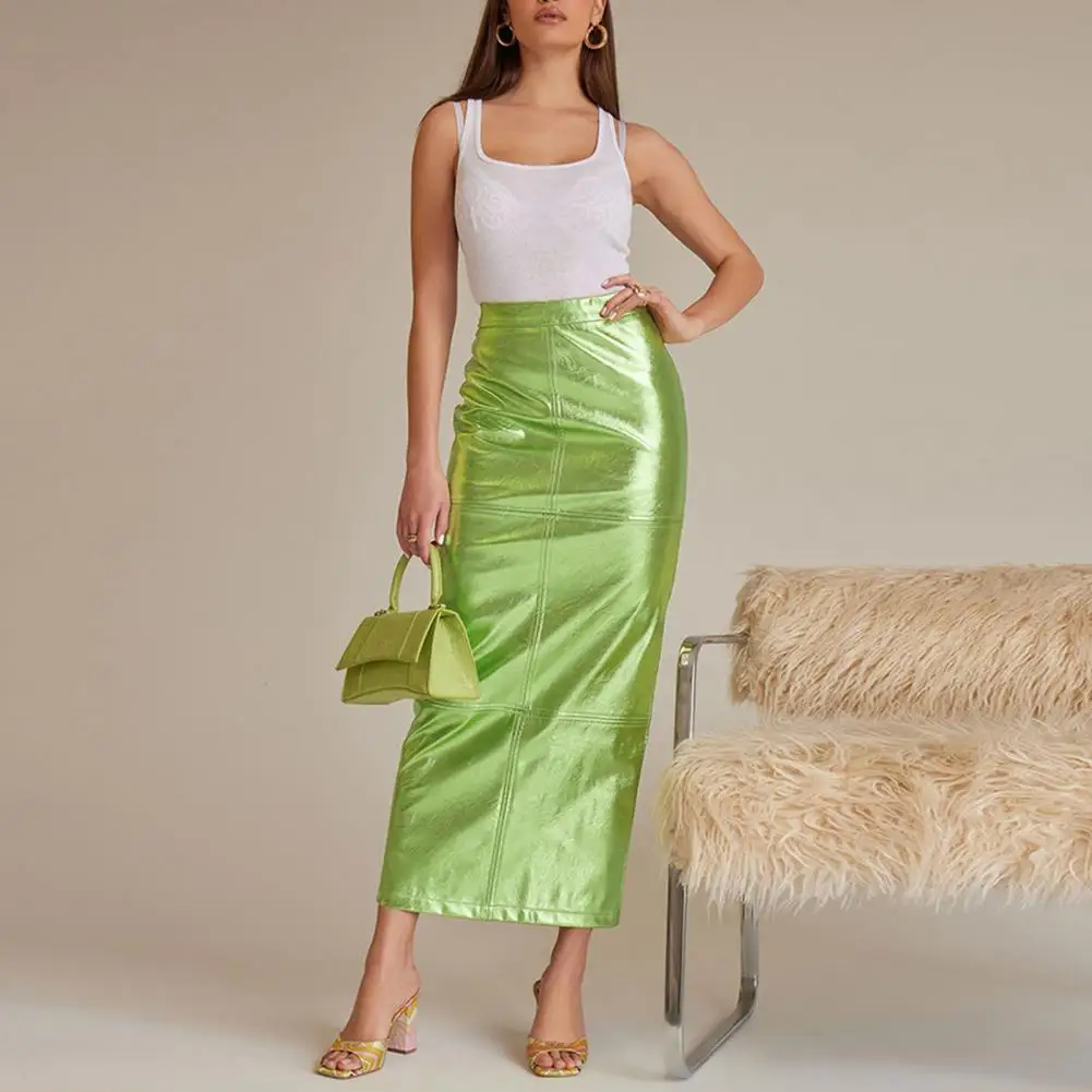 

Women Maxi Skirt Shimmering Maxi Skirts High-waisted Slim-fit Streetwear-ready with Back Split Hidden Zipper for Fashion-forward