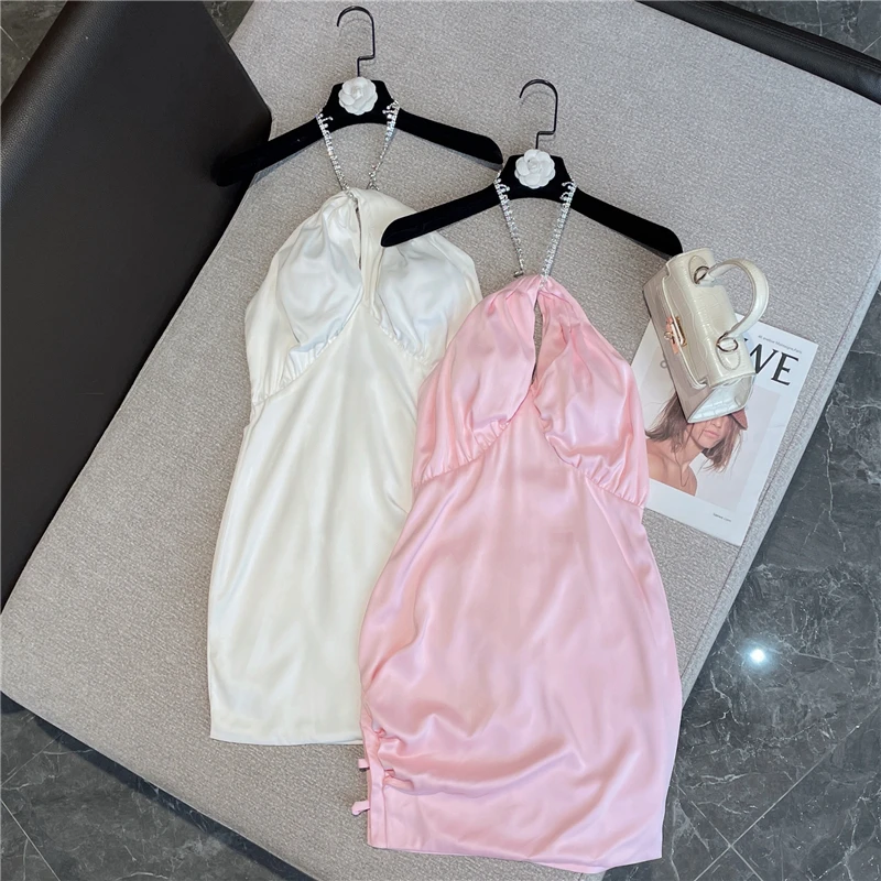 

Женское атласное платье с открытой спиной, розовое или белое платье в европейском стиле, с лямкой на шее, лето 2022