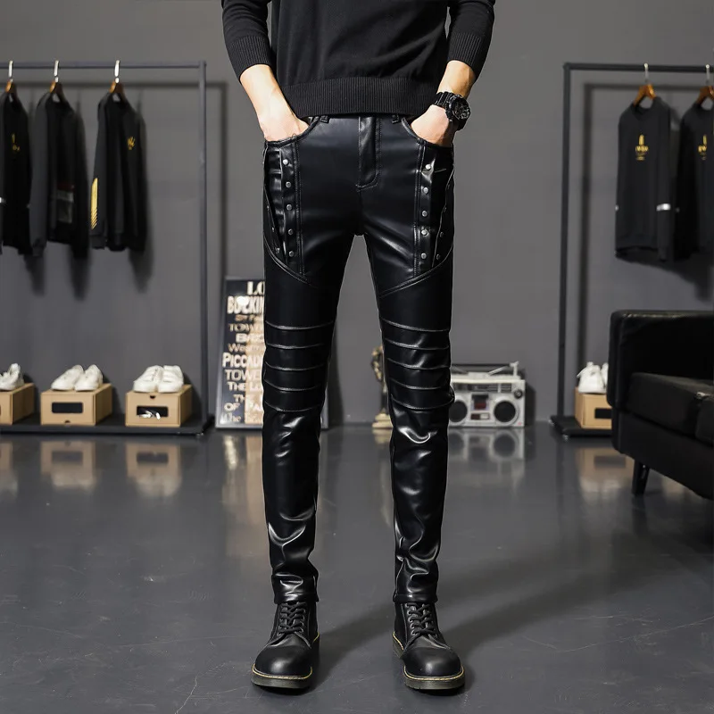 

2022 Men's Autumn Rivet Thick Casual Leather Pants Teenagers Pu Leather Slim Fit Skinny Leather Pants