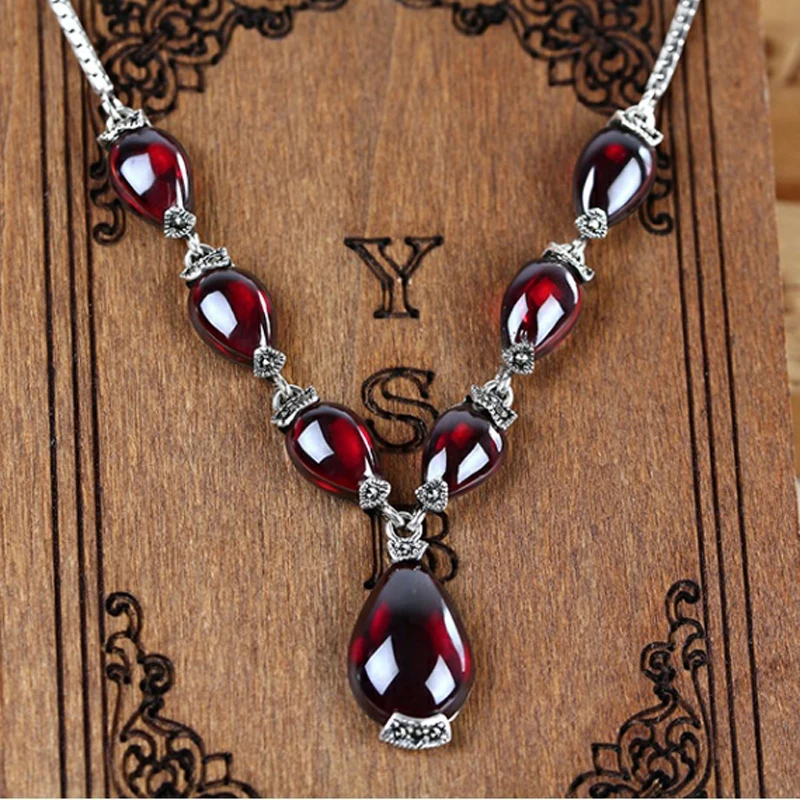 ZHJIASHUN Retro Natural Garnet Ruby 100% 925 Sterling Silver Necklace Pendant For Women Vintage Gemstones Pendants Jewelry