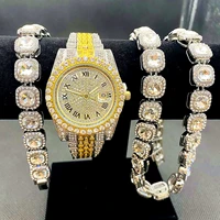 3pcs full iced out watches mens gold cuban tennis chain bracelet necklace bling watch for men hiphop jewelry men watch clock set