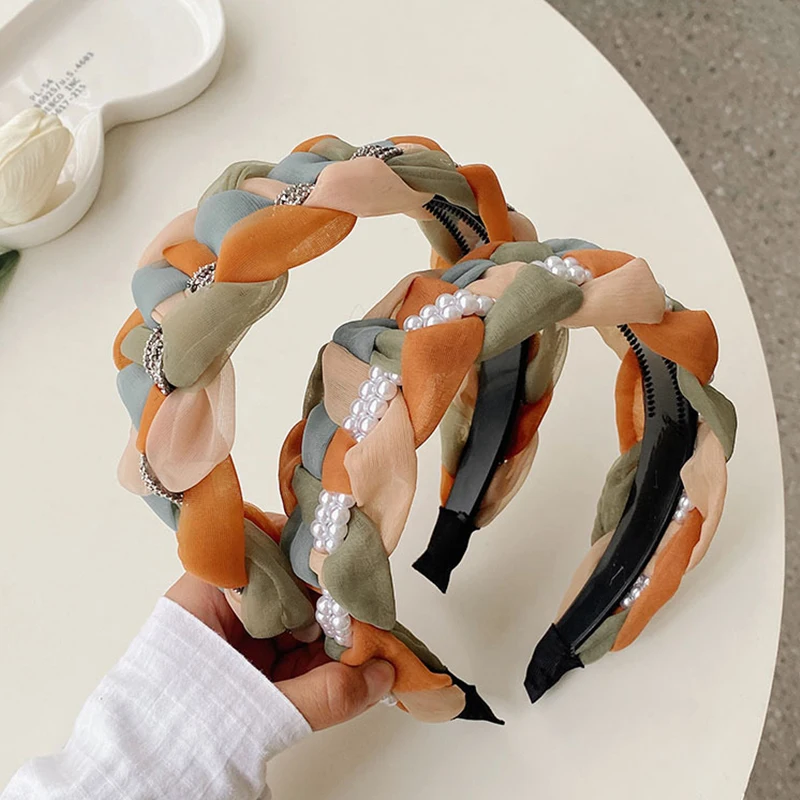 

Новинка 2022, радужная плетеная повязка на голову, обручи для волос для девочек, жемчужная буровая лента, обруч для головы из органзы, женские ...