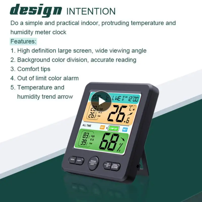 

Цифровой измеритель температуры и влажности с ЖК-дисплеем, Домашний Электронный термометр-гигрометр с двумя датчиками и будильником для помещений