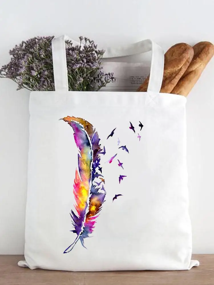 

Feather New Watercolor Women Fashion Print Casual Shopper Shopping Handbags Female Shoulder Girls Graphic Canvas Tote Bag