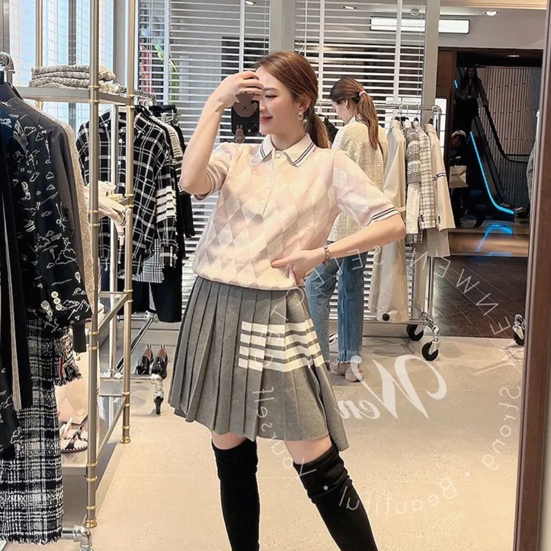 

designer clothes2022 Amoi Korean foreign trade sweater women's new women's t short sleeve diamond check silk blended polo shirt