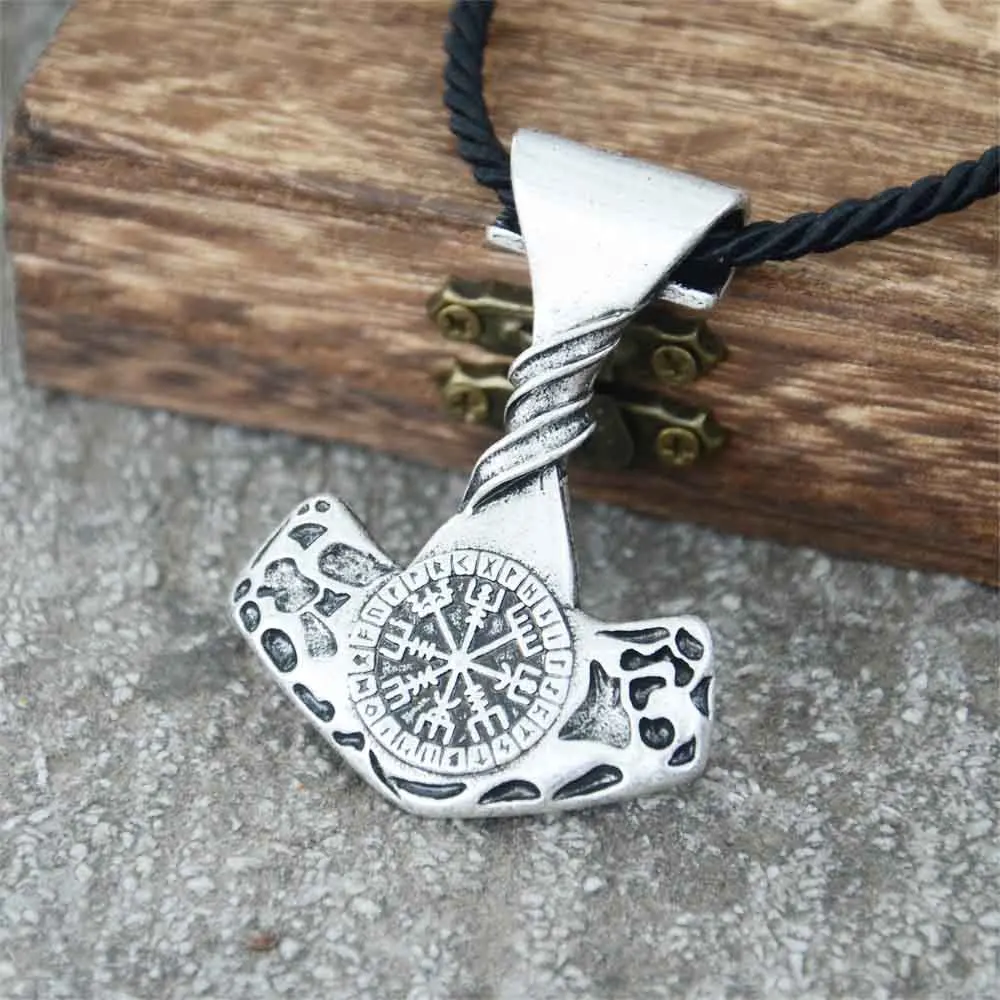 

Nostalgia Large Thor Hammer Mjolnir Pendant Norse Mythology Viking Vegvisir Amulet Vintage Necklace For Men