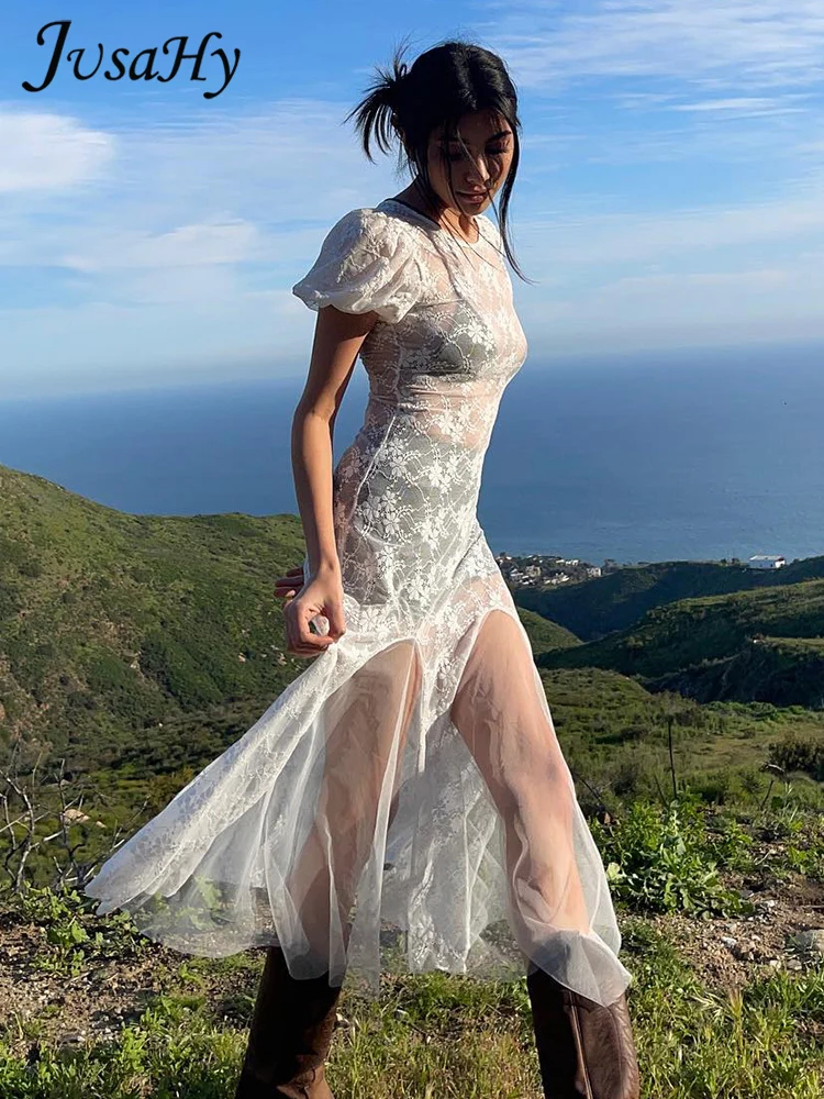 

Весеннее элегантное женское длинное платье JusaHy, облегающие белые кружевные платья с прорезями, прозрачные сексуальные повседневные уличные платья с круглым вырезом