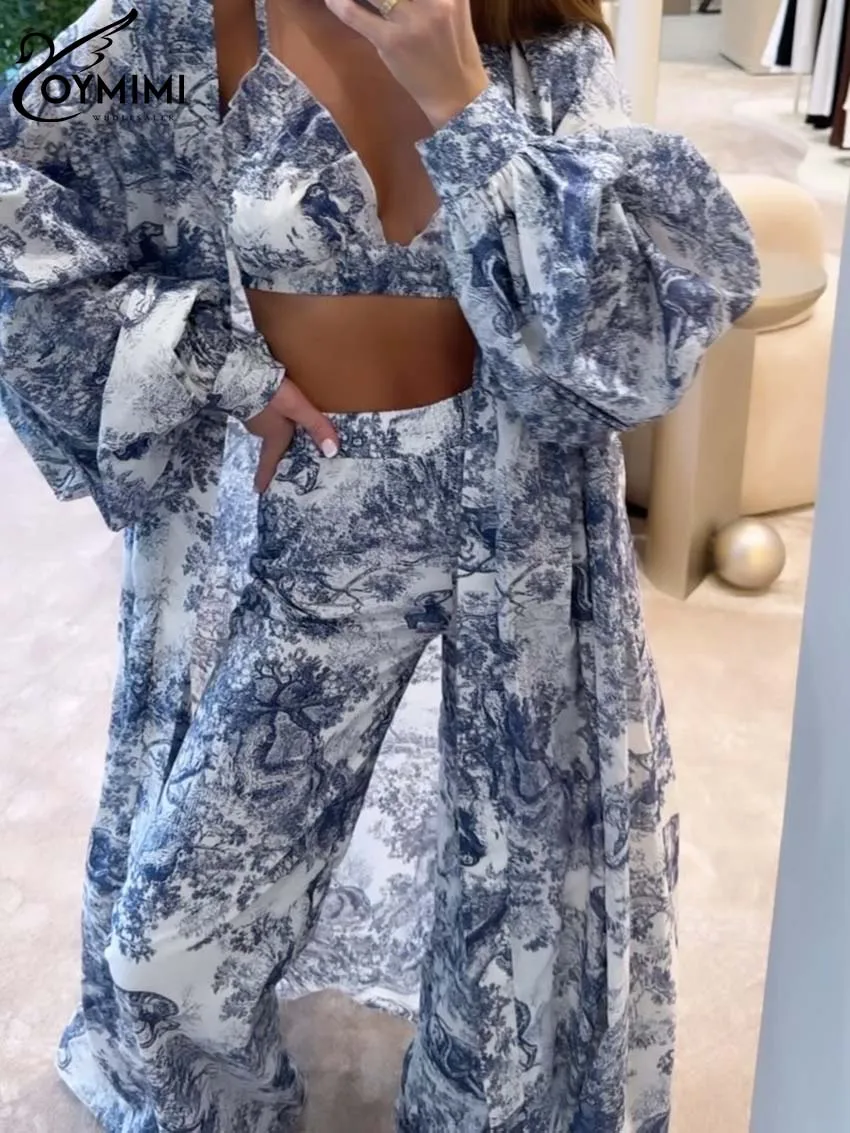 Oymimi Повседневный Синий Комплект из трех предметов с принтом для женщин