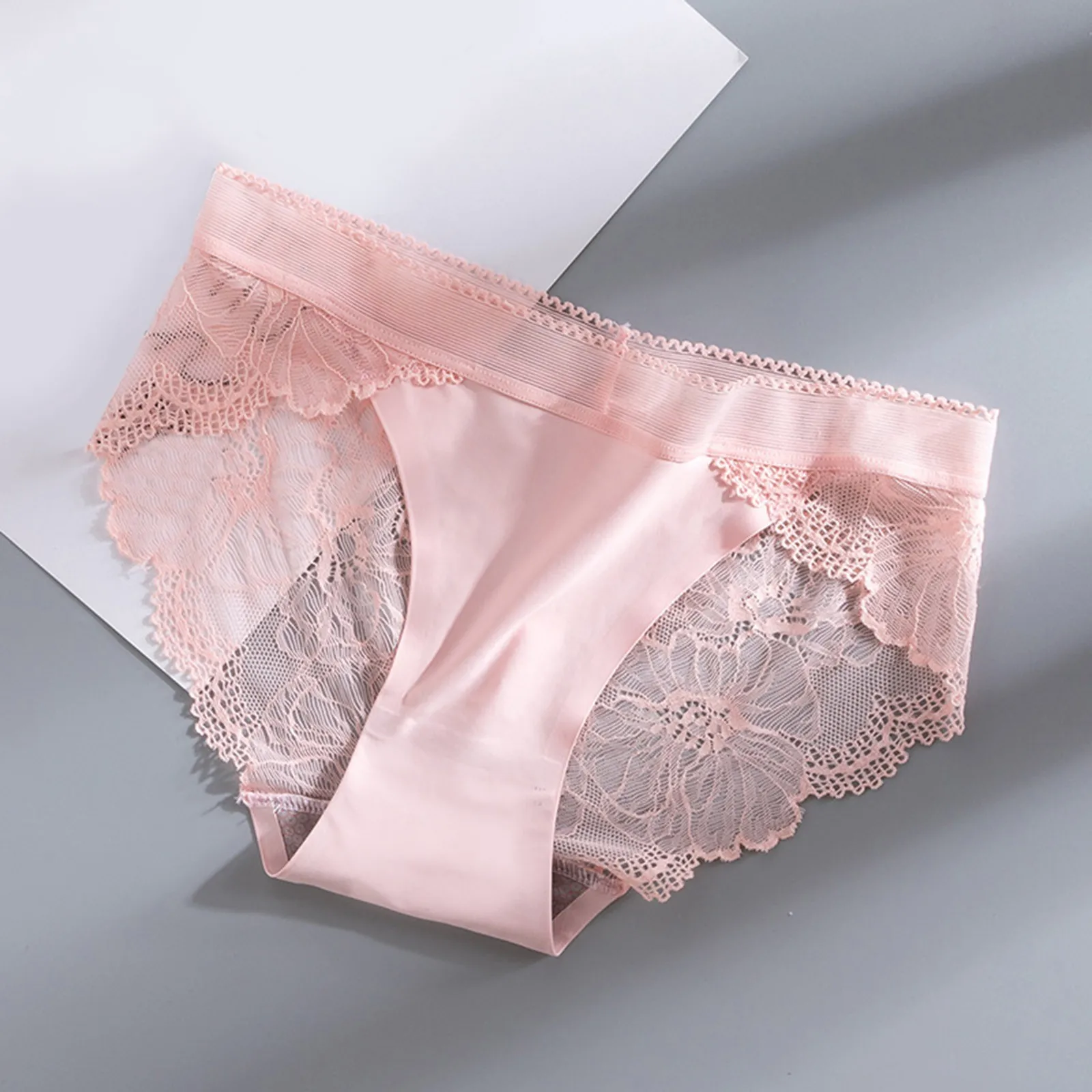 

Women's Ice Silk Soft Comfortable Underwear Sexy Splicing Lace Hollowed Out Briefs Thin Breathable Tummy Tuck Triangle Panties