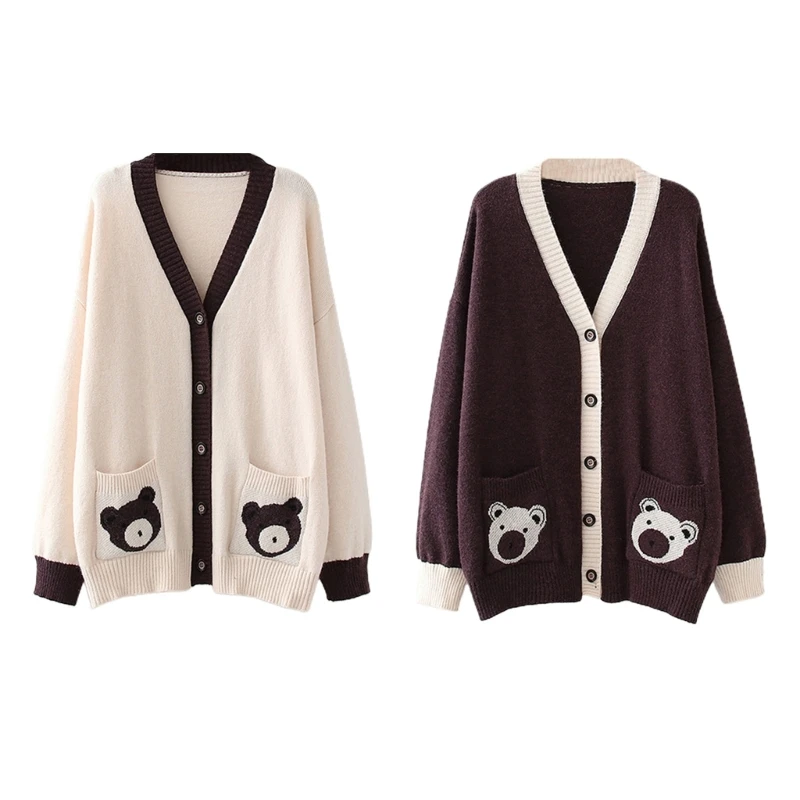 

Women Varsity Sweater Button Up Knitted Cardigan Cute Bear Graphic Embroidery Top Long Sleeve Loose Knitted Sweaters