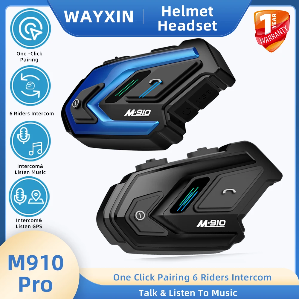 

WAYXIN Helmet Headsets M910 Pro Motorcycle 6 Rider Intercom,Waterproof,One Button Pairing ,Talk&Listen to Music at the Same Time