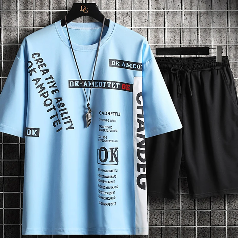 

2021 Summer New patchwork Men’ s Sets Tops And Shorts Slim Fit O-Neck Comfortable Sportswear High Quality Plus Size 3XL