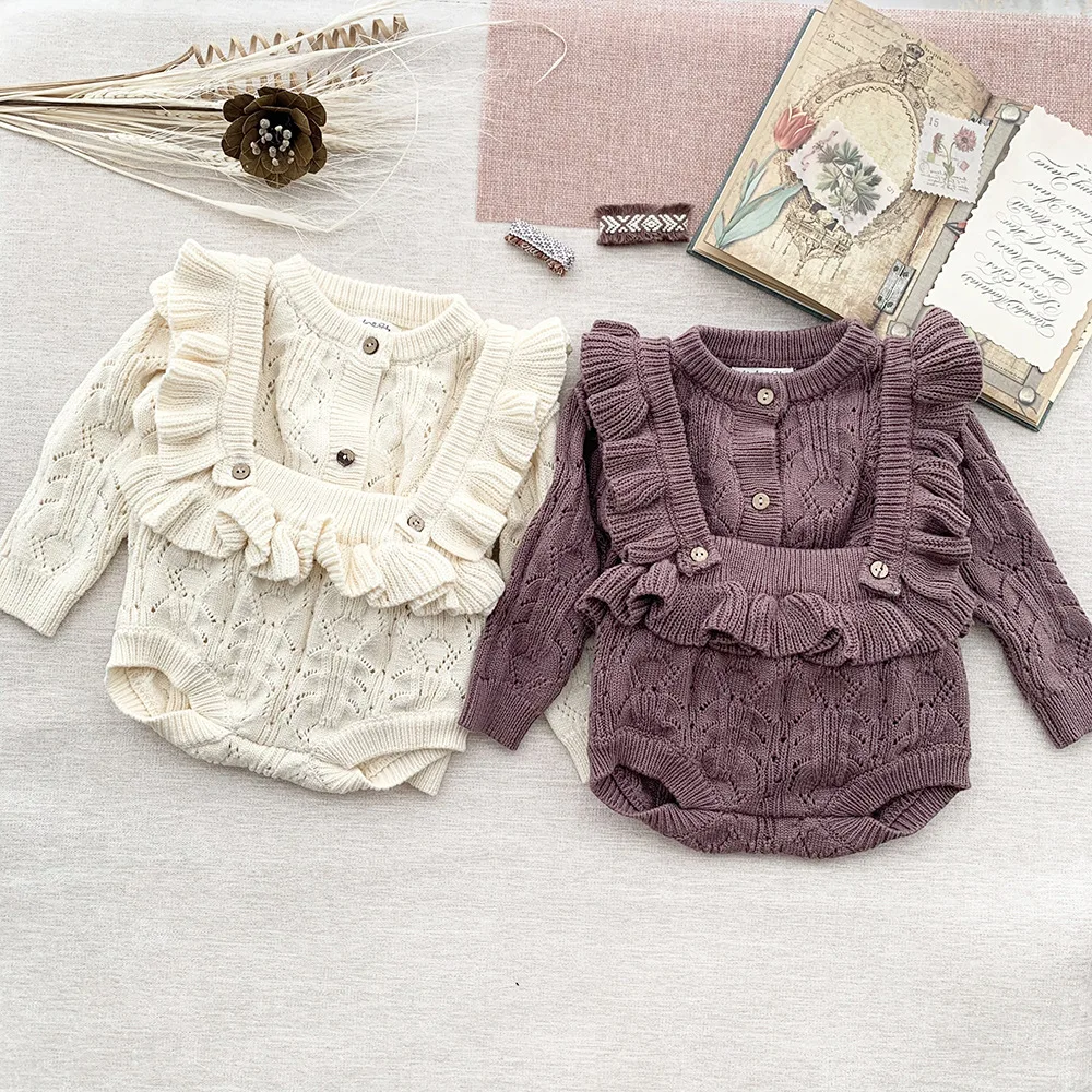 Open Cable Knit Baby Girls Cardigan Two Way Suspender Bloomers Infant Toddler Jumper Vintage Outfits
