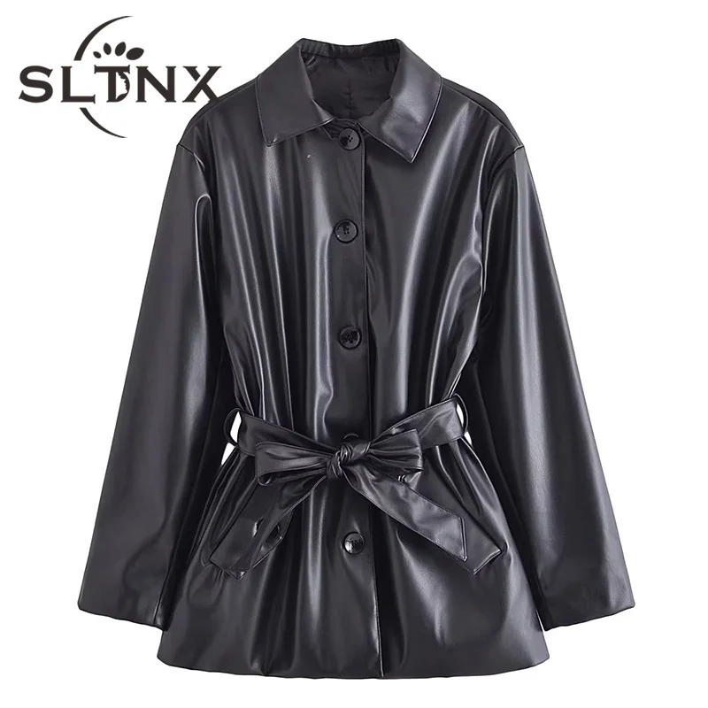 

Женские Модные свободные кожаные блузки SLTNX с поясом, винтажные женские рубашки с длинным рукавом и пуговицами, блузы, шикарные топы