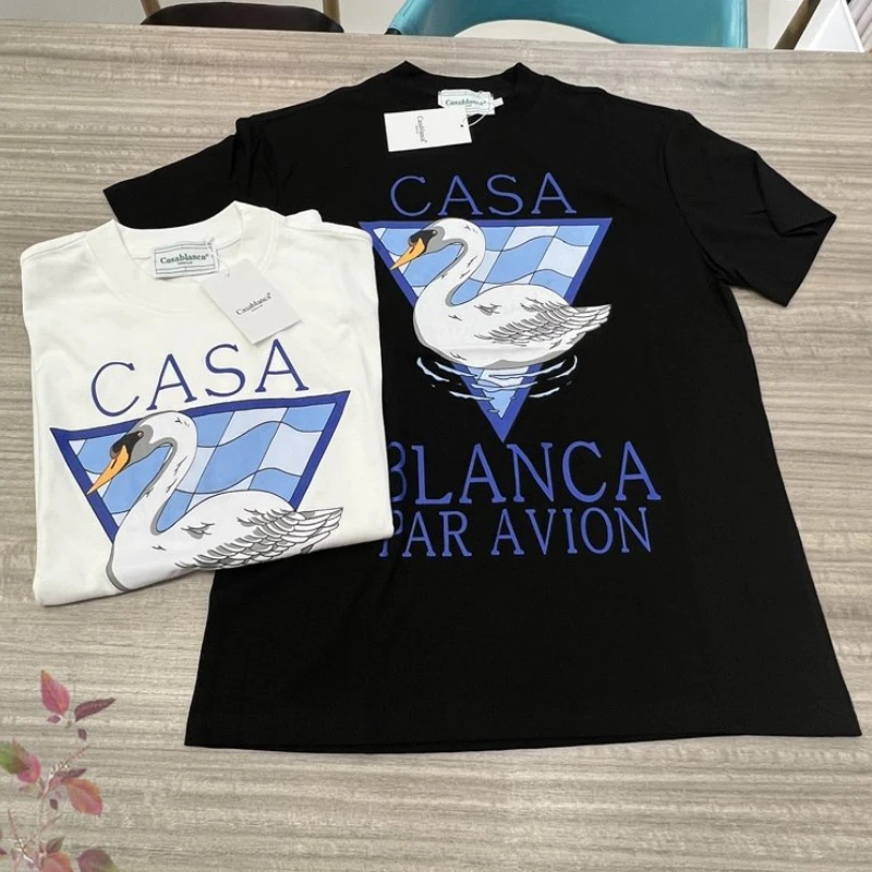 

3XL Loose Casablanca 2023 Spring Swan Print T Shirt Men Women 100% Cotton High Quality Top T-shirt