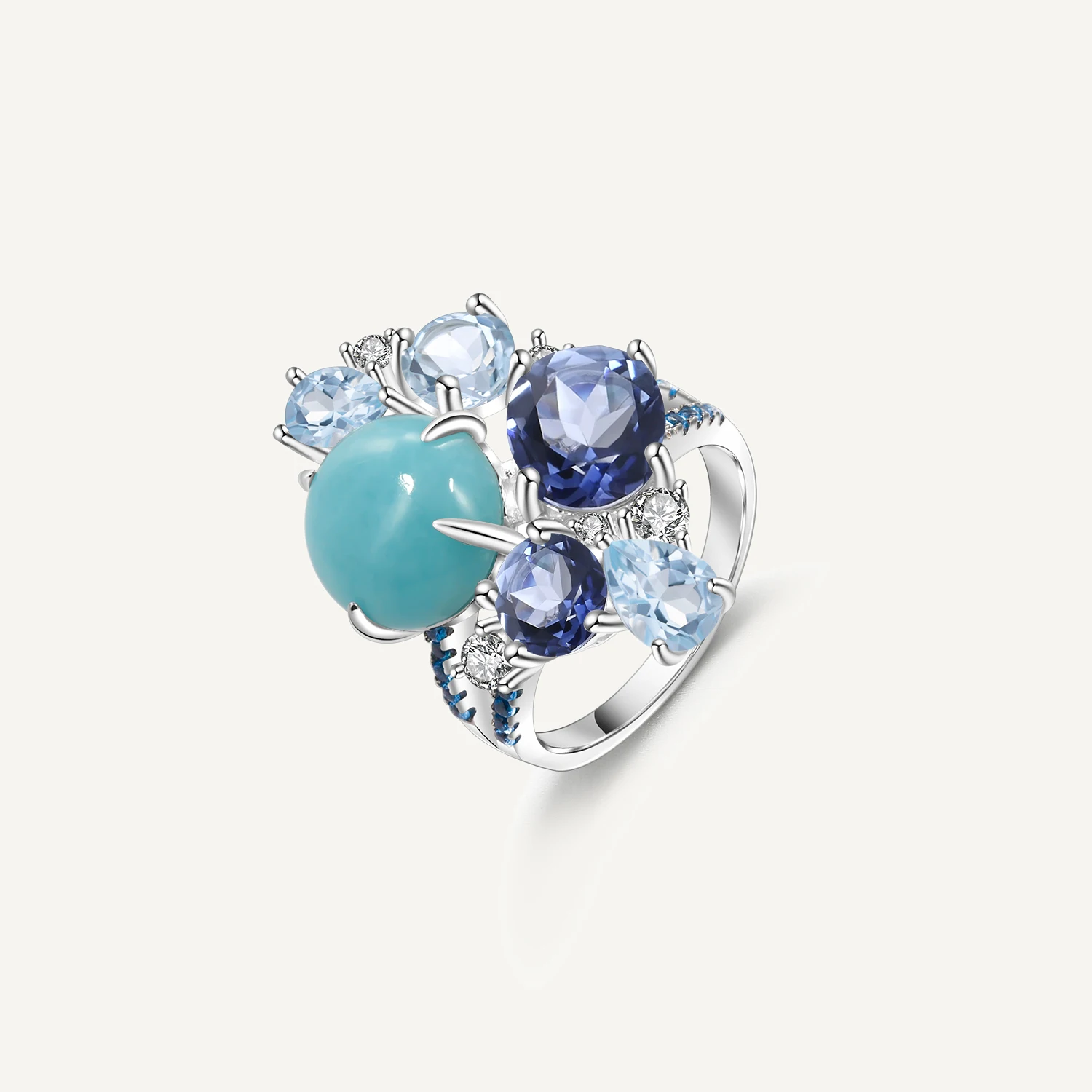 

GEM'S BALLET 925 Sterling Silver Candy Geometric Rings Natural Amazonite Sky Blue Topaz Quartz Gemstone Ring for Women Jewelry