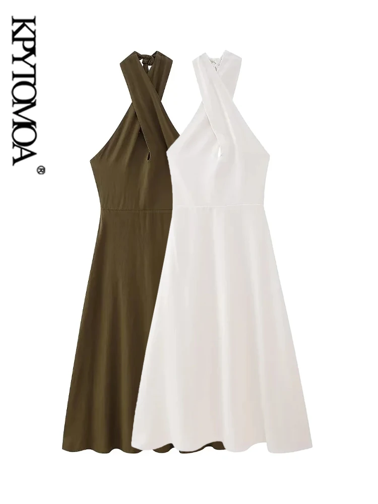 

KPYTOMOA Women Fashion With Bow Tied Linen Halter Neck Midi Dress Sexy Backless Zipper Female Dresses Vestidos Mujer