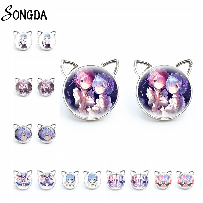 

Anime Re:Life In A Different World From Zero Cat Ears Stud Earrings Rem Ram Cartoon Figure Earrings Studs Glass Cabochon Jewelry