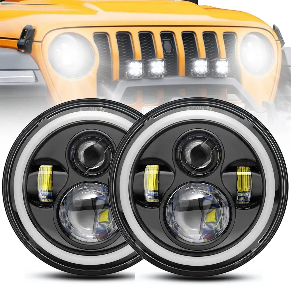 

2pc 7 Inch Led Headlight H4 DRL Round 7'' Headlights with Yellow & White Angel Eye for Jeep Wrangler Lada Niva 4x4 80W 60W