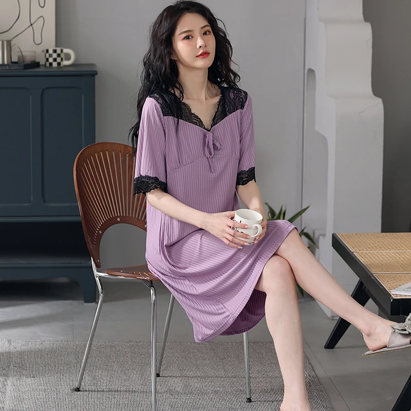 

New Summer Sexy Lace Nightgown for Women Soft Modal Elegant Night Gown Fashion Padded Breasts Sleep Dress for Young Girls