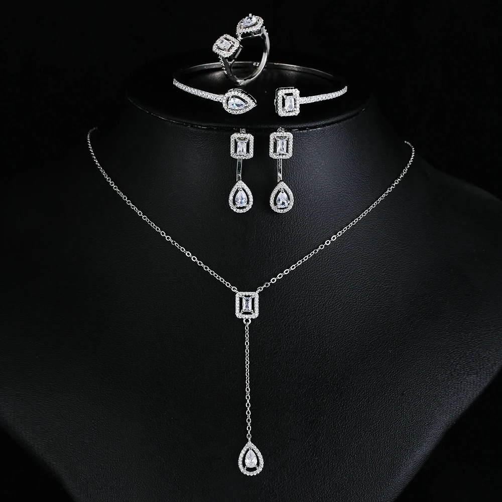 

Zircons Brand Fashion Ladies Jewelry Set Micro Pave CZ Stone Cuff Bracelet Bangle Rings Earrings Necklace for Women Engagement