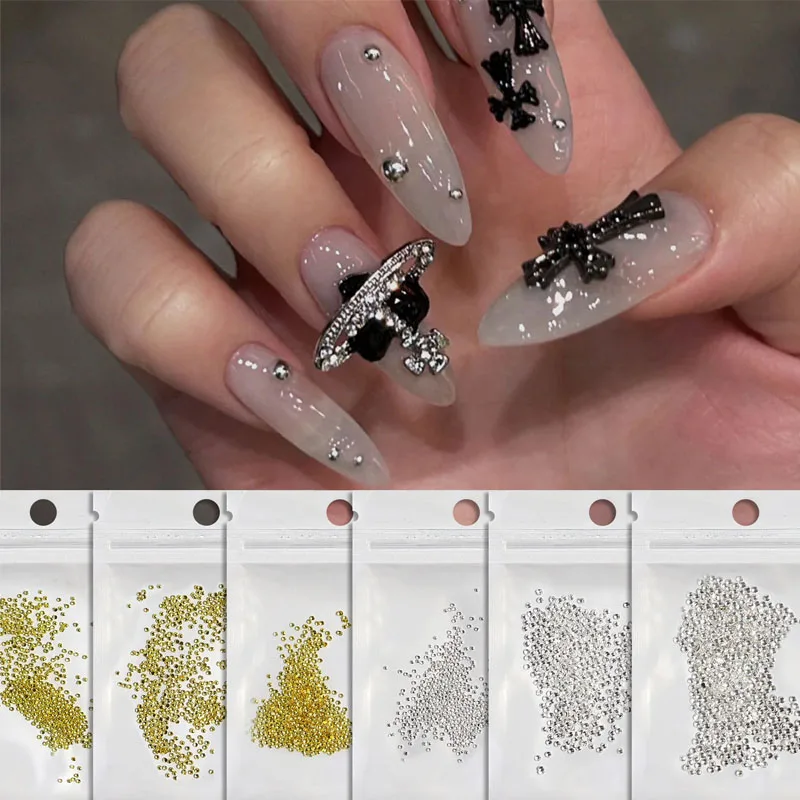 

About 1000pcs Nail Art Mini Stainless Steel Metal Bead Hollow Gold Silvery Small Micro Caviar Nails Beads 3D Decorations