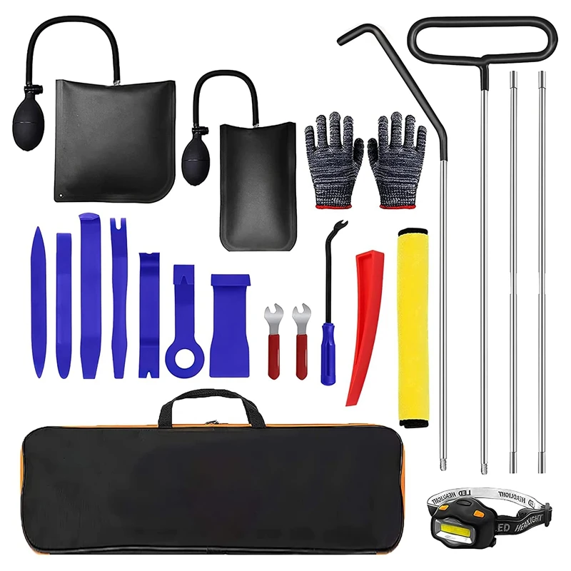 

21Pcs Car Lockout Kit Air Wedge Easy Entry Long Grabber LED Light Fastener Gloves Towel Essential Multifunctional Tool