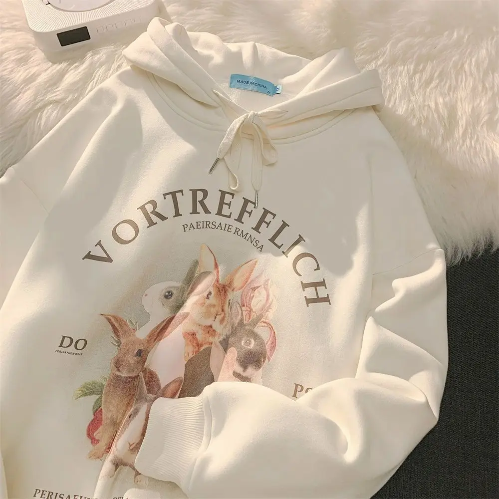 

American Retro Trendy Brand Rabbit Print Hooded Sweater with Plush Autumn and Winter Men and Women Ins Loose Couple Jacket Top