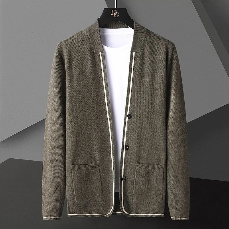2022 Solid Color Cardigan Jacket Men Knit Korean Khaki Black Gray Big Size Jacket Casual Loose Splicing Line Cardigan Coat Men