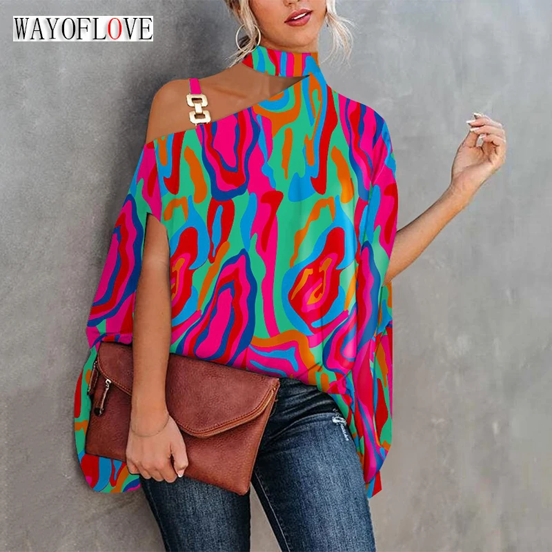 

WAYOFLOVE Summer Bat Sleeve Tops Print Lady Shirt Women Loose Off The Shoulder Chain Spliced Suspenders Blouse Blusa Mujer Moda