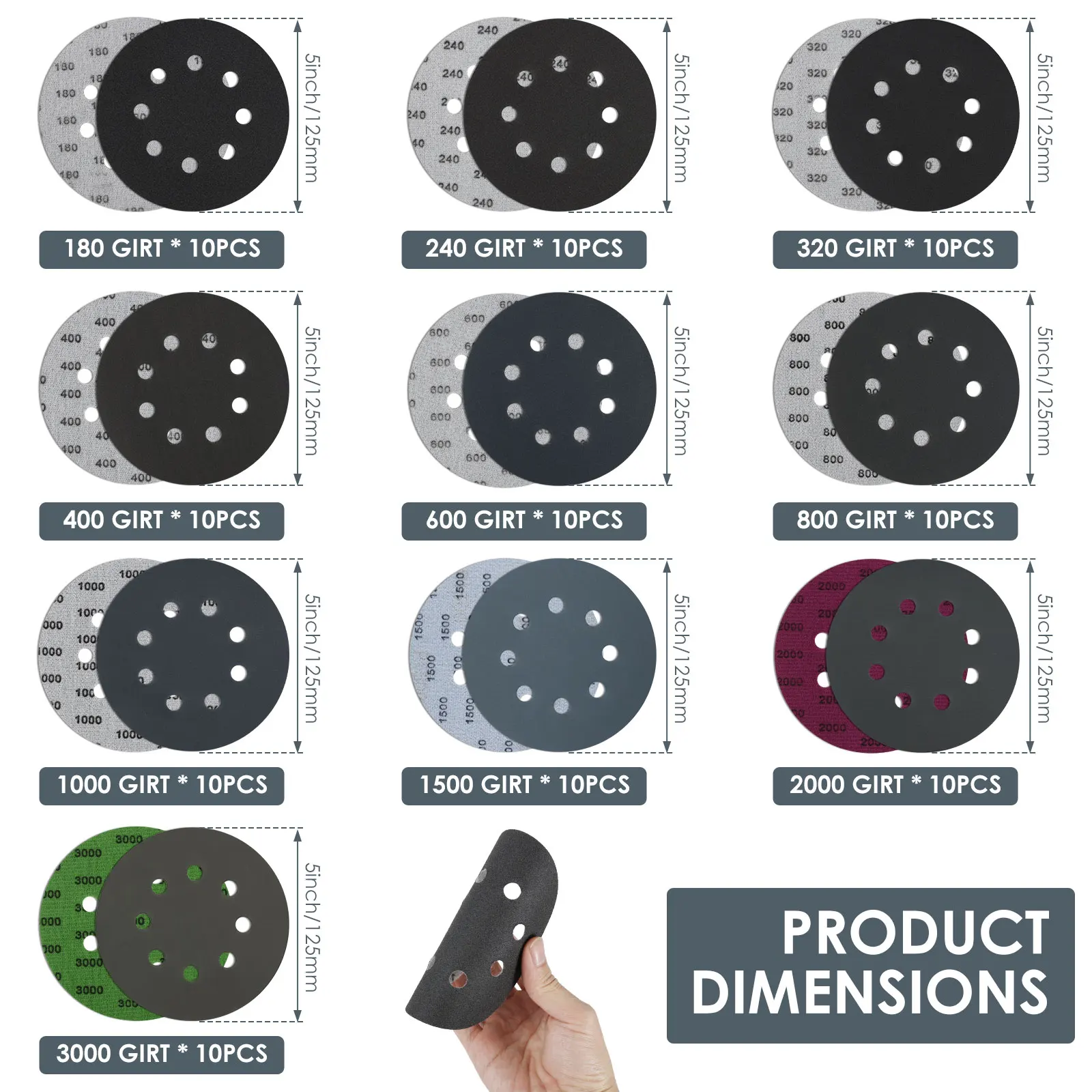 

Шлифовальные круги Toorise 125 мм 100 шт. 180-3000 grit