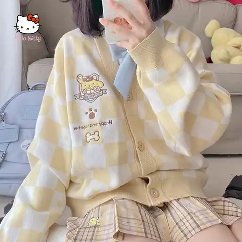 Kawaii Sanrio помпон пурин клетчатое пальто милая My Melody Kuromi Cinnamoroll осень-зима студенческий свитер Повседневная куртка свитер подарок