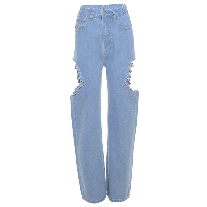 Women Ripped Casual Straight Denim Pants 2023 Baggy Jeans Five Pointed Star Patchwork High Waist Hole Jeans Streetwear Trousers