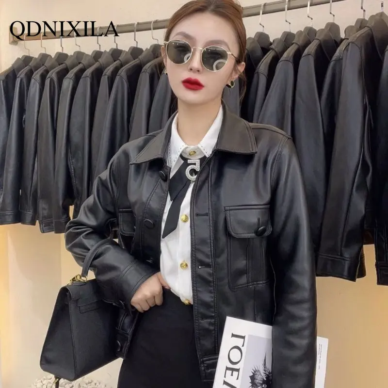 2023 Early Spring Imitation sheepskin Coat for Women New Single Breasted Leather Jacket Women Lapel Casual Street Short Jackets