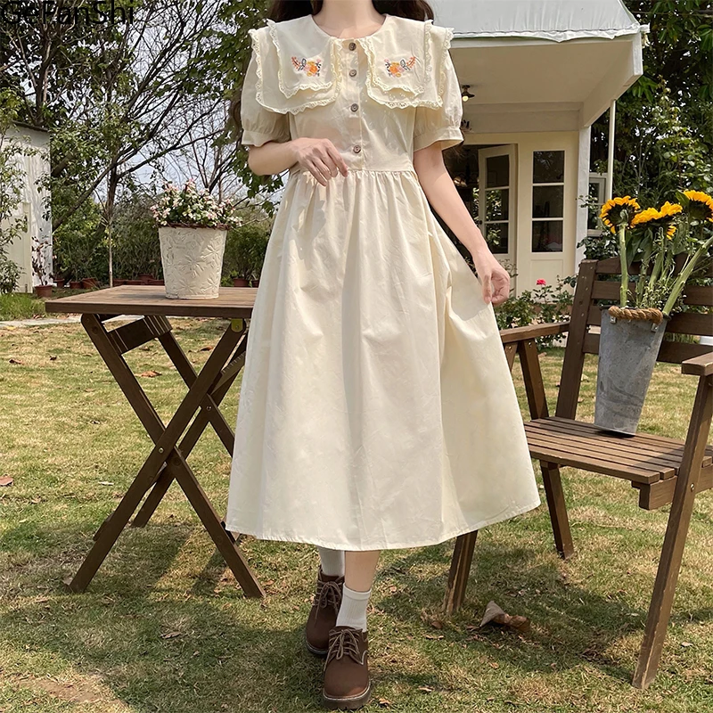 

2023 летнее Модное Элегантное однотонное платье в стиле преппи с вышивкой и пышными рукавами женские милые платья элегантная одежда для девочек