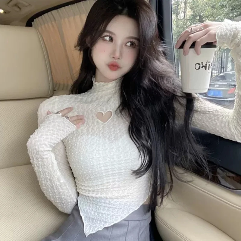 

Women's Weave T-Shirt Korean Wooden Ear Edge Half-High Neck Love Hollow-Out Long-Sleeved Top Solid Slim Short Female Undershirt