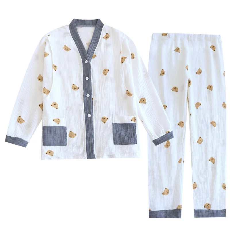 Confinement Clothing Pregnant Woman Maternal Cotton Cartoon Contrasting Colors Washed Crepe Four Seasons Nursing Clothes pyjamas