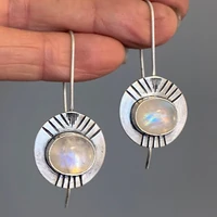 fashion round white moonstone earrings exquisite silver color metal engraved stripes hook earrings for women jewelry