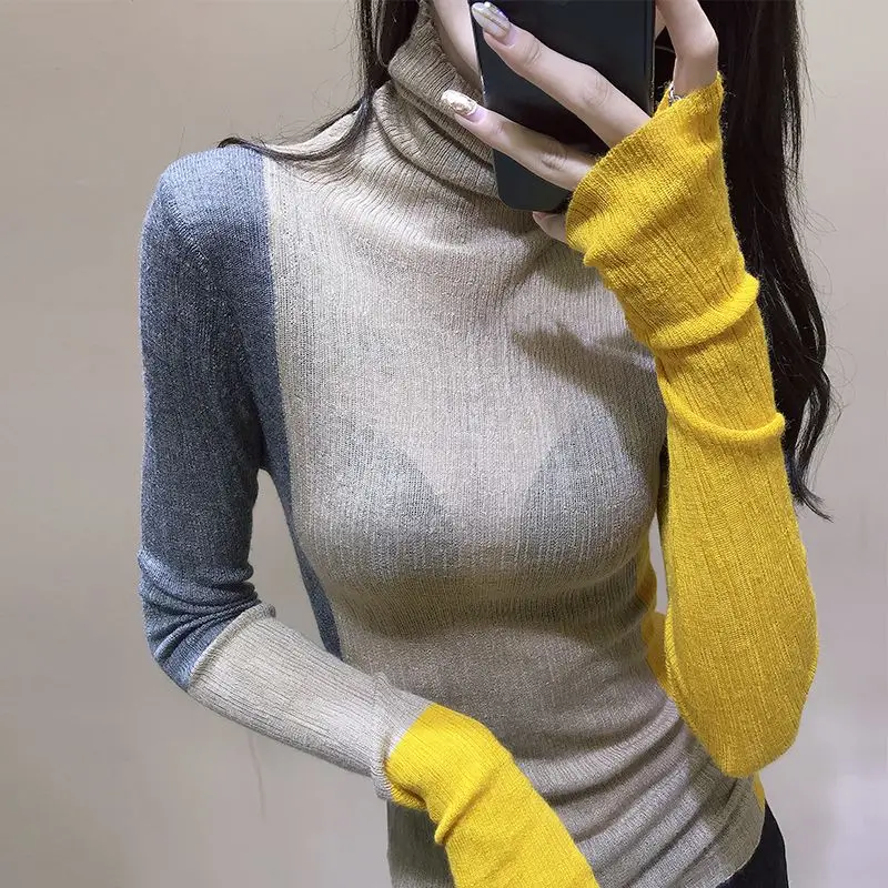 

Patchwork Knitted Elastic Women Sweater Pullovers Autumn Turtleneck Long-Sleeved Slim Buttoming Female Pulls Outwear Tops