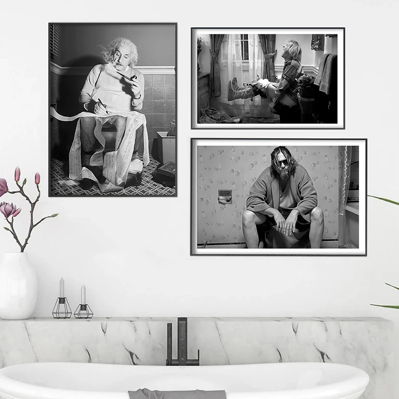 Черно-белый Эйнштейн в туалете, фотопостер, забавное настенное искусство в ванной, холст, живопись, печать целлюлозной художественной литературы, Постер фильмов в туалет