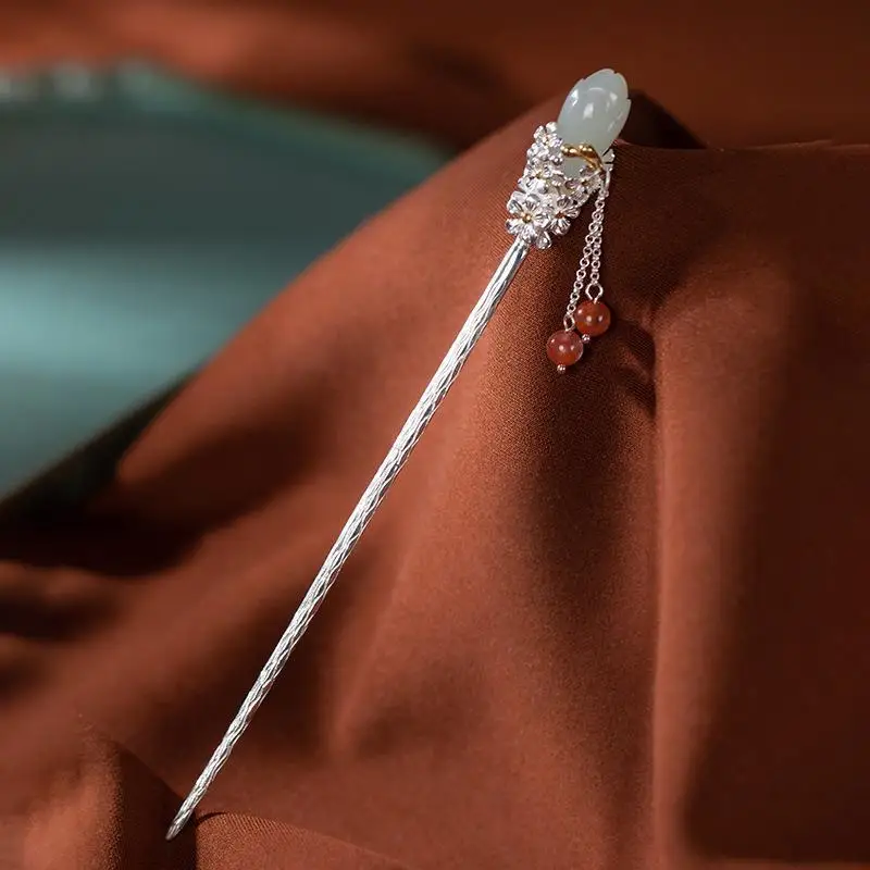 

Guofeng Юлан цветок кисточка Посеребренная шпилька искусственный нефрит Hanfu головной убор Античная японская шпилька для волос шаг формирования шпилька для волос
