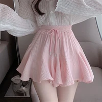 pink ball gown summer loose a line sweet lace up mini skirts women korean high waist sexy solid pleated skirts streetwear kawaii